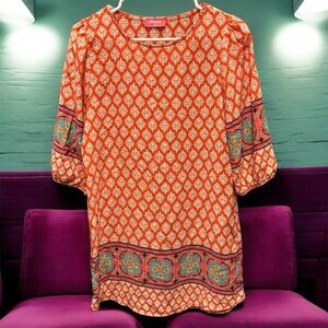 Shasa Orange and Teal Patterned Blouse SMALL pit to pit 17in length 30in